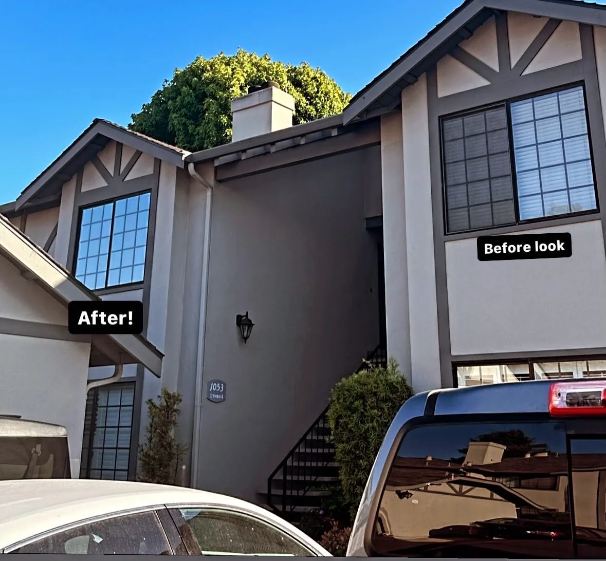 One house part way through residential film: the windows on the left are done and the window on the right is untreated, labelled by the installer