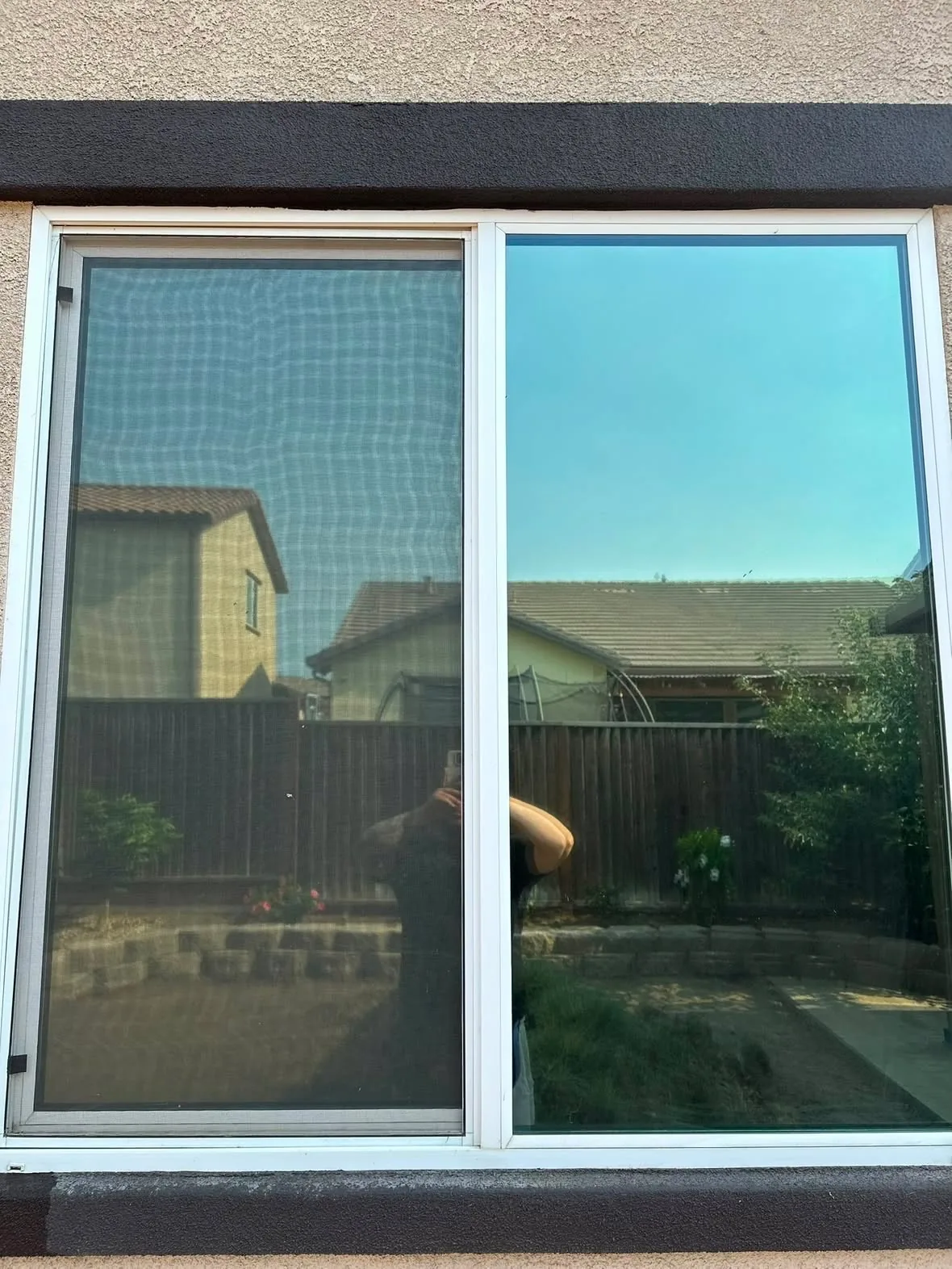 A sliding glass door with residential window film, seen from inside the yard
